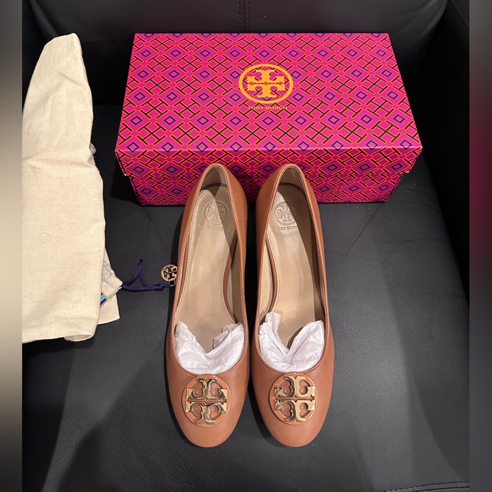 Tory Burch Brown Heel Pumps with Gold Logo